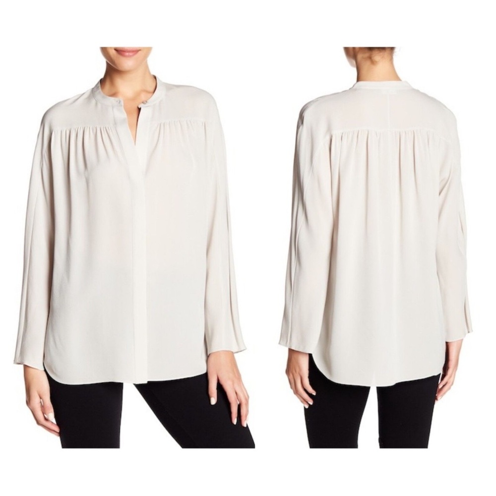 Vince Grey Shirred Silk Split Crew Neck Collar Blouse S